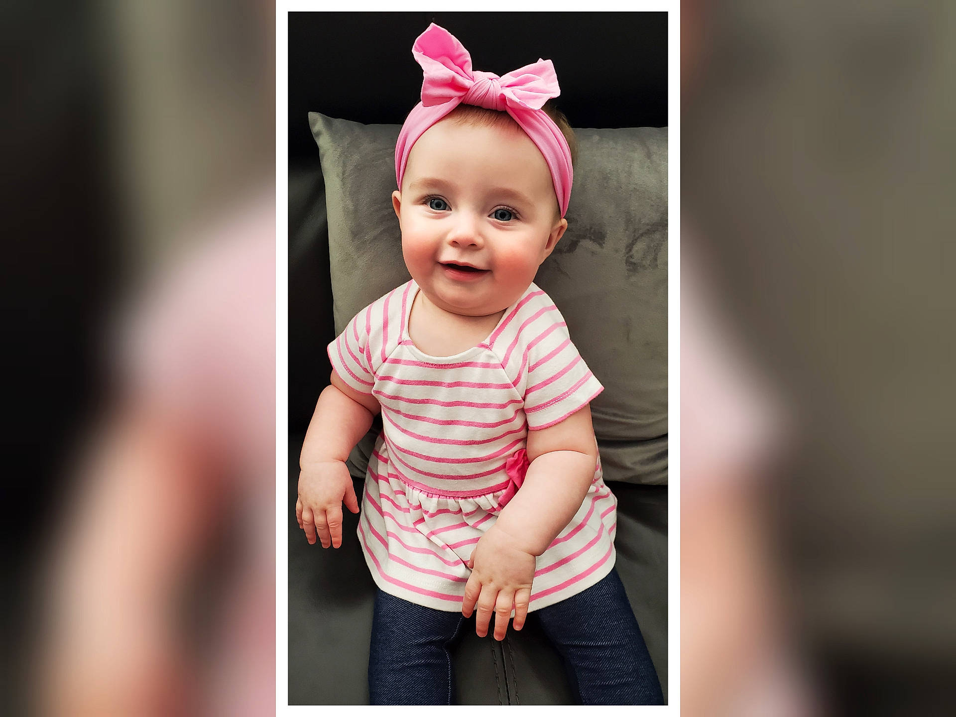 Scarlett is registered to the contest to win money with this photo: baby, cheek, child, child_model, collage, ear, hair_accessory, head, headgear, headpiece, joy, people, person, photo_shoot, photograph, photography, pink, portrait, portrait_photography, smile