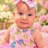 baby, child, infant, portrait, smiling, pink, bow, headband, dress, tutu, floral, flowers, garden, pastel, cute, sitting, close_up, face, outdoor, photography
