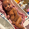 baby, infant, bath, towel, skin, water, soap, lotion, bathtub, pink, happy, smiling, wet, cute, child, person, indoor, bathroom, clean, relaxing