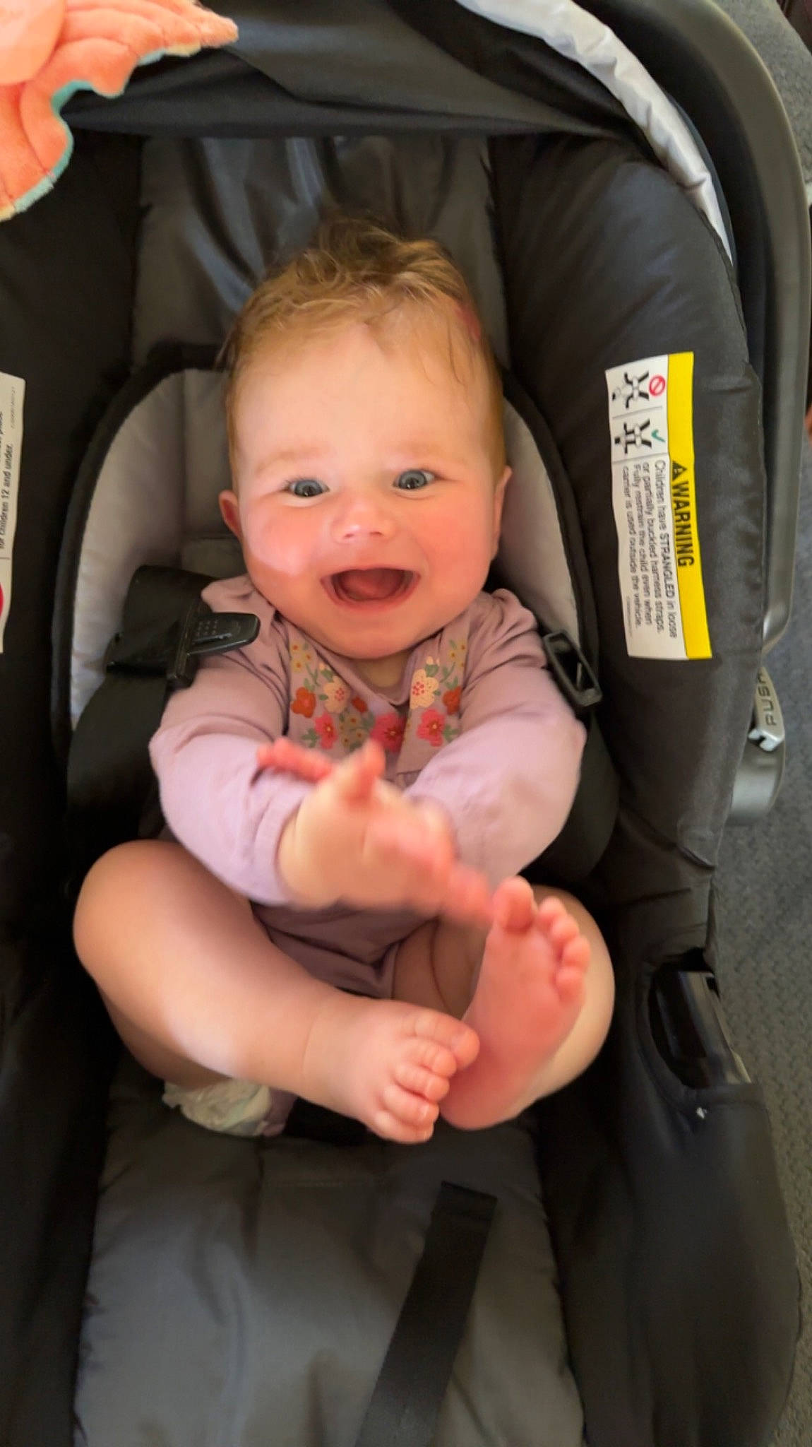 Everleigh is registered to the contest to win money with this photo: auto_part, baby, baby_carriage, baby_in_car_seat, baby_products, baby_toddler_clothing, car_seat, cheek, child, comfort, finger, fun, gesture, happy, joy, lap, person, sitting, skin, smile