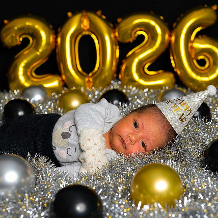 Taoahere participe au concours pour gagner de l'argent avec cette photo : baby, balloons, black, celebration, closeup, colorful, cute, decorations, festive, gold, holiday, indoors, infant, lying_down, new_year, party_hat, portrait, silver, soft, tinsel