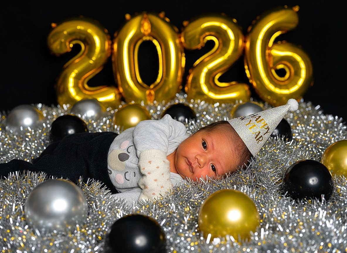 Taoahere participe au concours pour gagner de l'argent avec cette photo : baby, balloons, black, celebration, closeup, colorful, cute, decorations, festive, gold, holiday, indoors, infant, lying_down, new_year, party_hat, portrait, silver, soft, tinsel