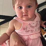 Sofia is registered to the contest to win money with this photo: adorable, baby, child, clothing, cute, expression, eyes, face, flower_accessory, girl, hand, headband, holding, indoor, infant, person, pink_dress, portrait, skin, young_child
