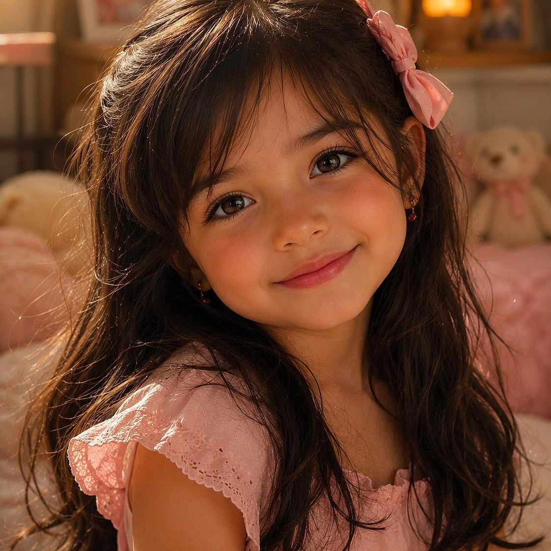 Coraline is registered to the contest to win money with this photo: child, girl, smile, portrait, pink_dress, long_hair, bow, indoors, cozy, soft_toys, teddy_bear, warm_lighting, cute, happy, face, childhood, earrings, home_decor, close_up, natural_light