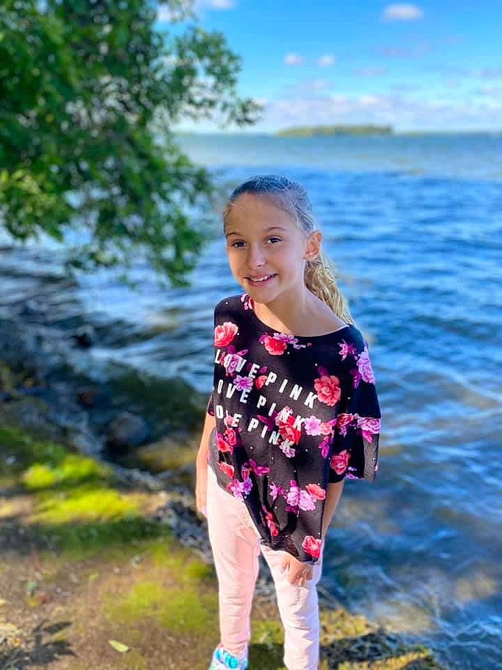 Isabella joined the competition — help win amazing prizes! cloud, day_dress, dress, electric_blue, eye, flash_photography, grass, happy, joy, lake, landscape, leisure, long_hair, magenta, people_in_nature, person, plant, sky, smile, toddler