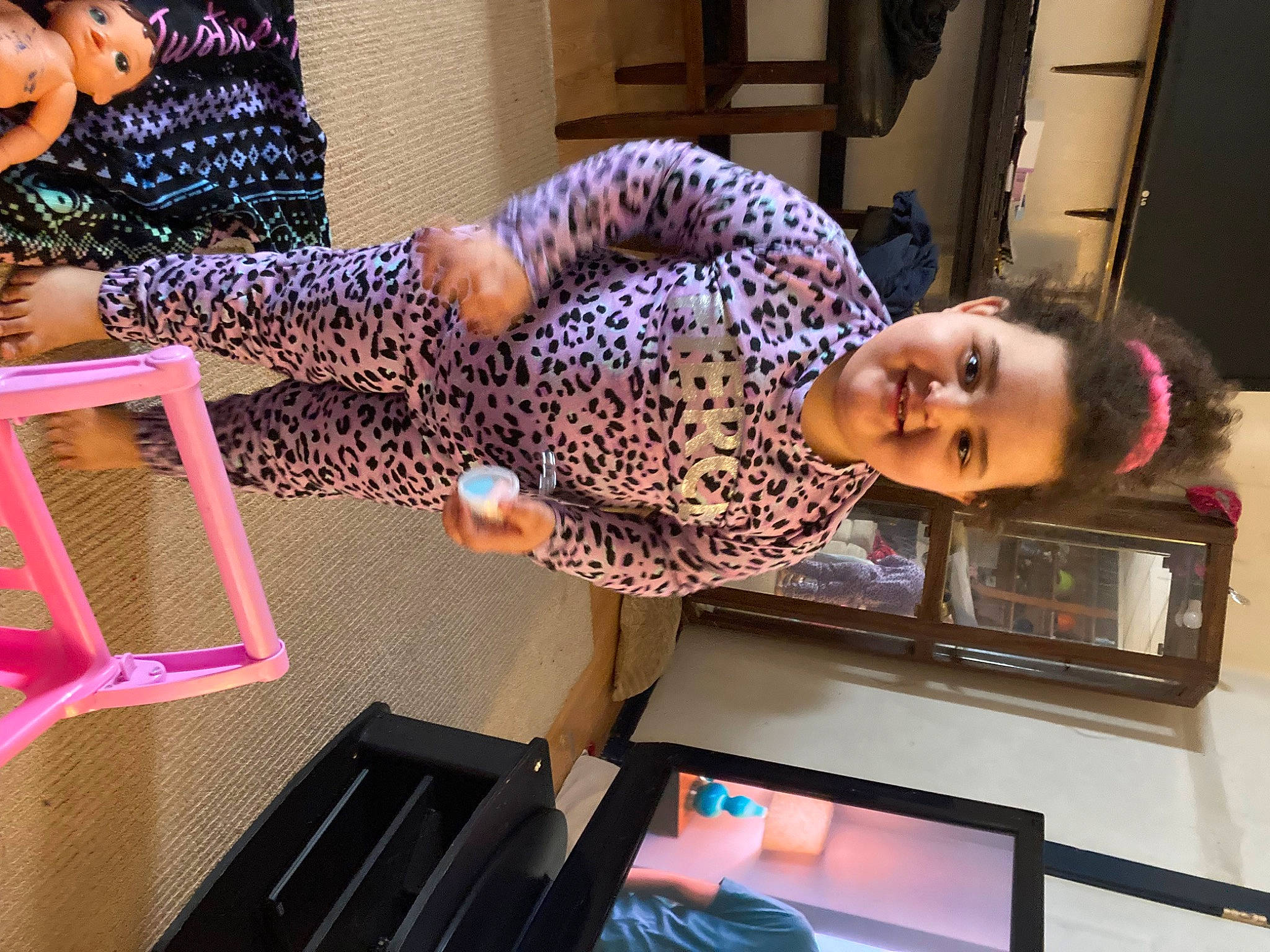 Amiyah joined the competition — help win amazing prizes! child, comfort, display_device, eyewear, fun, human_leg, joy, knee, magenta, pattern, person, purple, room, sitting, smile, television, thigh