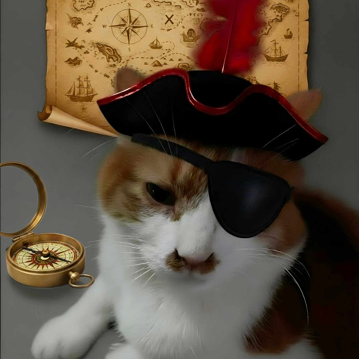 Spaz joined the competition — help win amazing prizes! cat, pirate_hat, eye_patch, feather, treasure_map, compass, vintage, costume, pet, animal, portrait, indoor, brown_and_white, whiskers, feline, accessory, adventure, nautical, close_up, cute