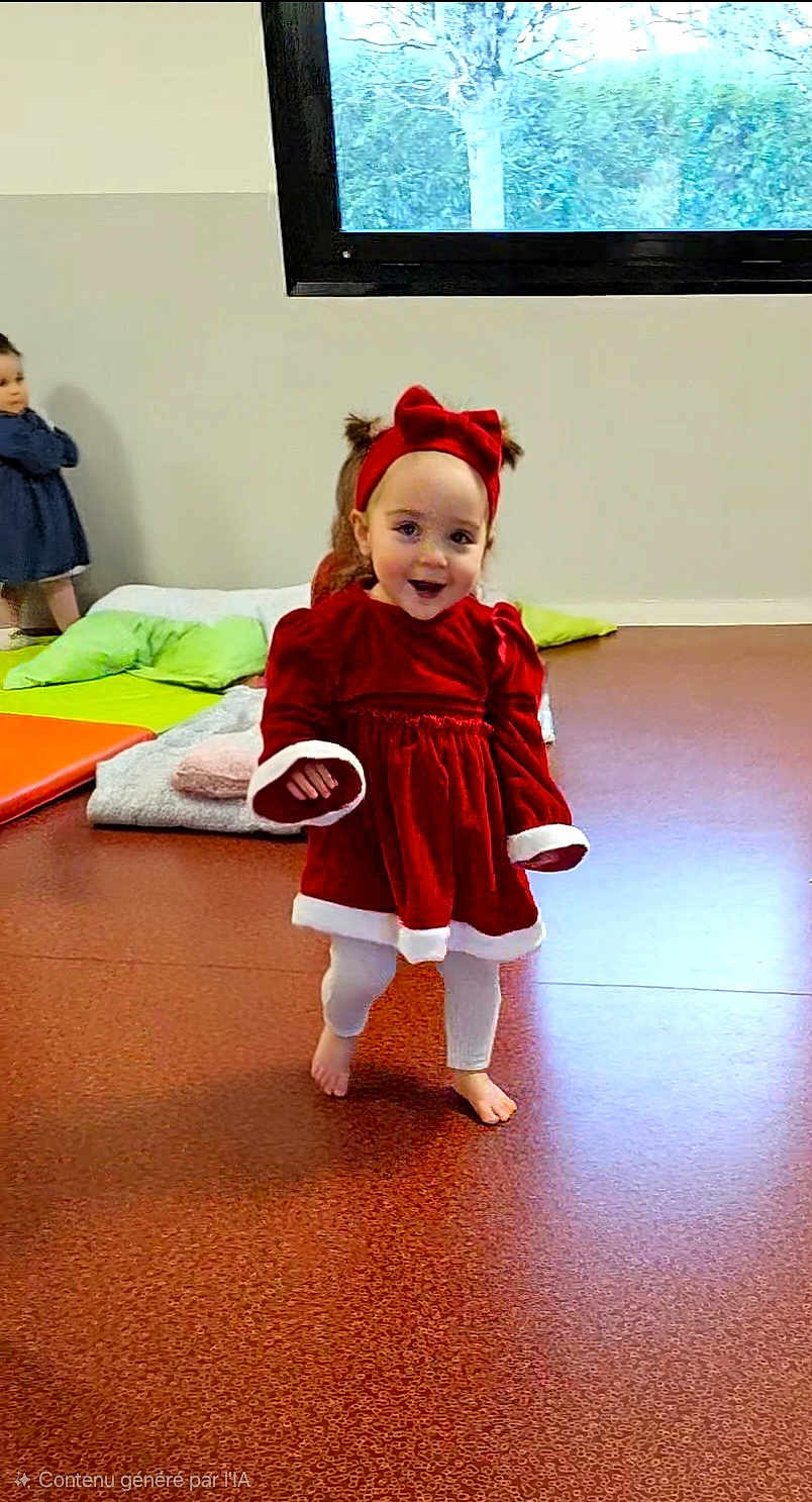 Loëlya participe au concours pour gagner de l'argent avec cette photo : another_child, barefoot, child, cushions, floor, happy, headband, headwear, indoor, leggings, long_sleeves, pale_wall, playroom, red_dress, smiling, toddler, tree_outside, walking, window, young_child