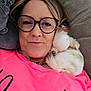 Polly joined the competition — help win amazing prizes! woman, glasses, smile, puppy, dog, sleeping, cuddle, pink_shirt, closeup, face, portrait, indoor, relaxation, comfort, pet, cute, cozy, rest, snuggle, soft