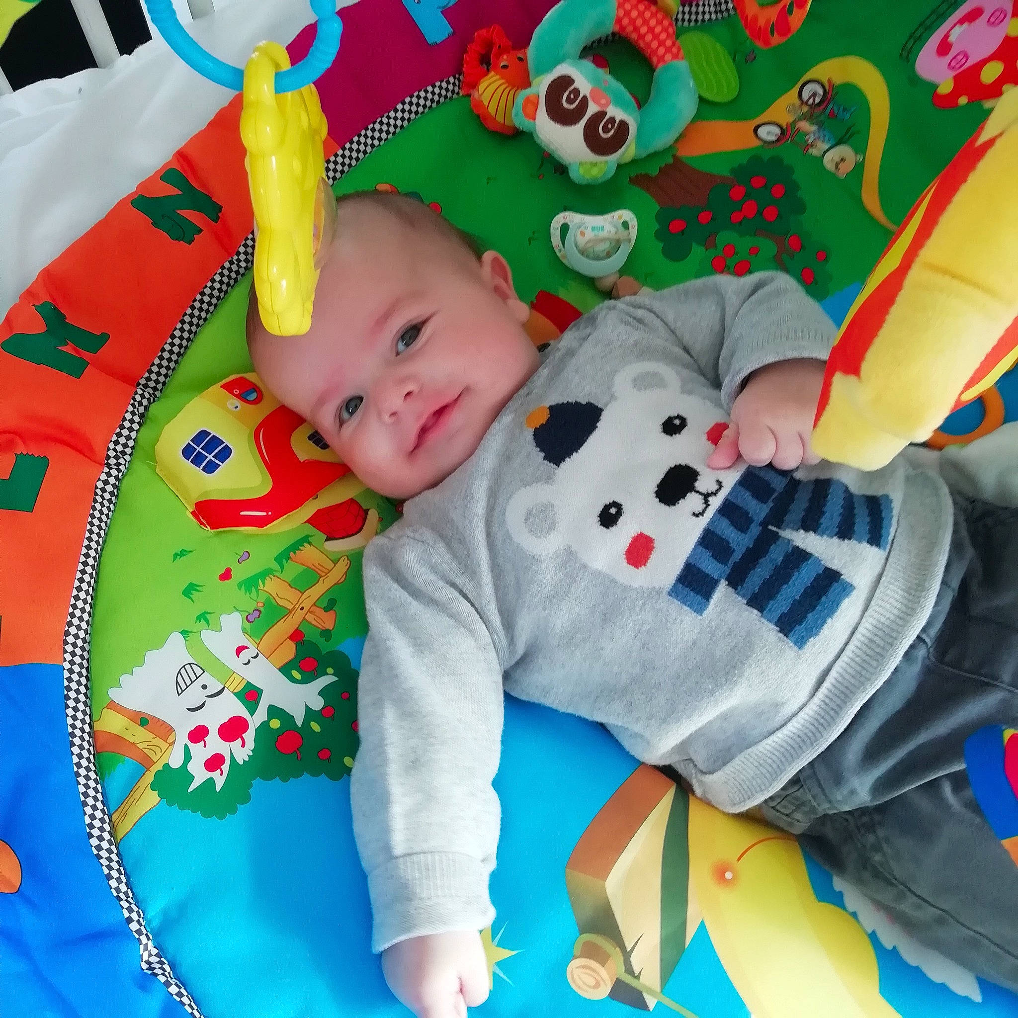 Naël participe au concours pour gagner de l'argent avec cette photo : baby, baby_products, baby_toddler_clothing, baby_toys, carmine, child, fictional_character, fun, green, happy, leisure, person, play, playmat, product, red, smile, stuffed_toy, textile, toddler