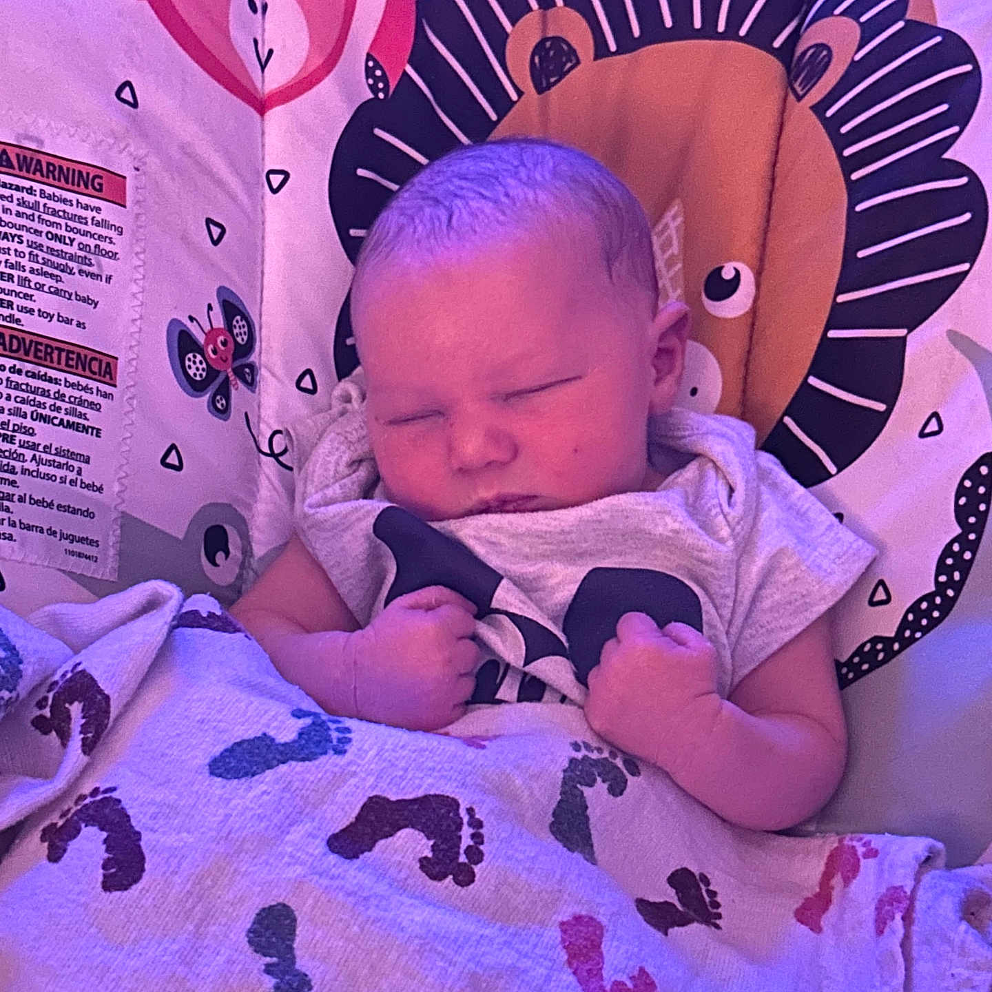Donovan is registered to the contest to win money with this photo: newborn, baby, sleeping, infant, portrait, close_up, baby_seat, lion, blanket, toy, clothing, indoors, colorful, purple_lighting, relaxed, peaceful, sitting, nursery, patterned_fabric, face