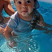 Terence participe au concours pour gagner de l'argent avec cette photo : baby, child, water, pool, cap, backwards_cap, tattoo, arm, splash, summer, outdoor, blue, shirt, skin, person, young_child, cute, fun, swimming, play