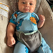 Knox is registered to the contest to win money with this photo: baby, infant, child, onesie, cookie_monster, blue_clothing, baby_seat, baby_buckle, cushion, comfort, cute, face, fist, seatbelt, strapped_in, indoor, portrait, plush, closeup, expression
