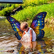Emberleigh is registered to the contest to win money with this photo: child, girl, water, river, dress, butterfly_wings, reflection, nature, greenery, sunlight, fantasy, playful, outdoor, summer, water_plant, cute, young, childhood, imaginative, colorful
