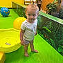Hadleigh is registered to the contest to win money with this photo: barefoot, chairs, child, colorful, curious_expression, furniture, green_floor, indoor, person, plants, plastic_play_equipment, play_area, play_mat, pony_tail, shorts, toddler, toy_ball, tshirt, yellow_wall, young_child
