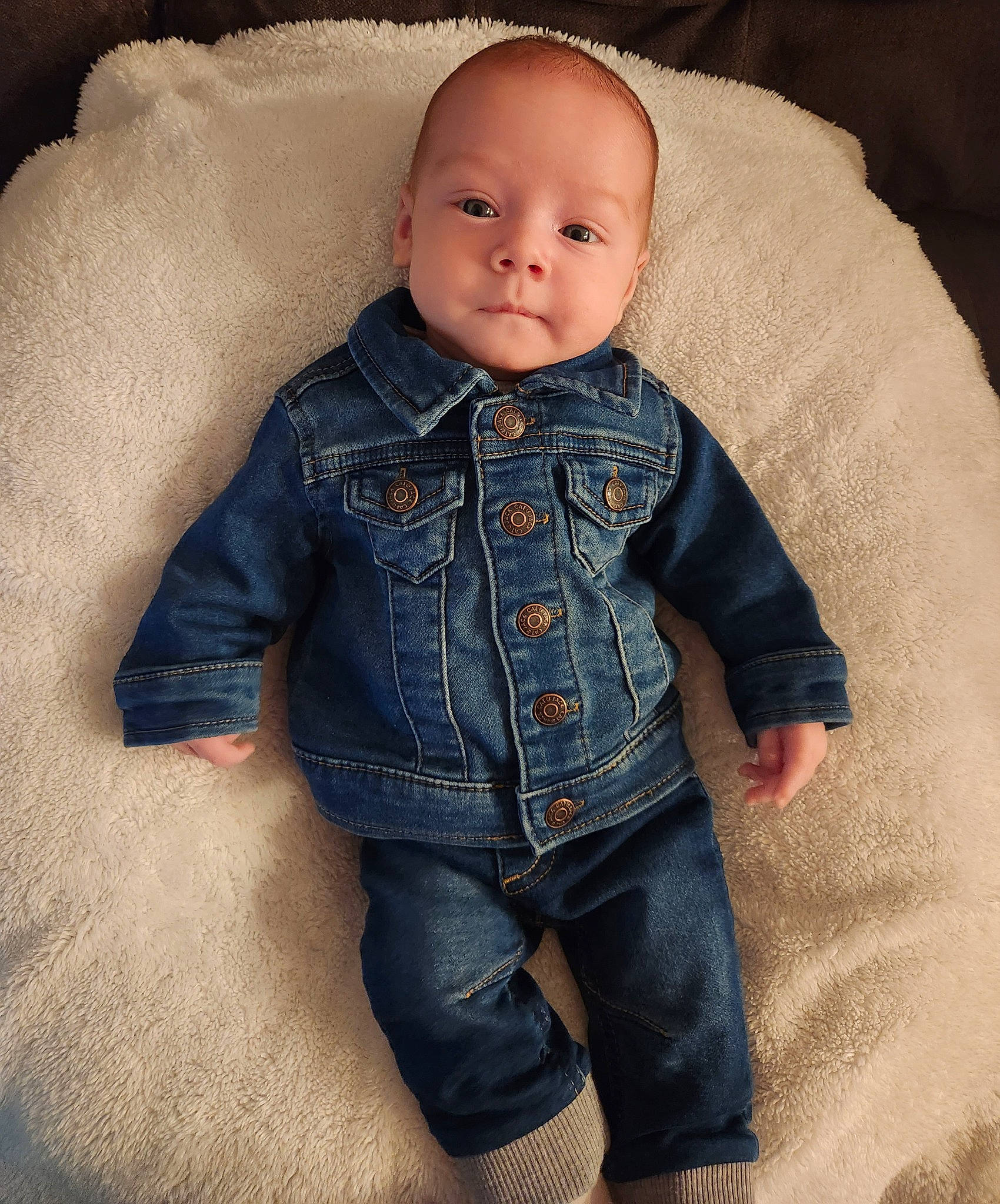 Rocco joined the competition — help win amazing prizes! baby, baby_toddler_clothing, button, cheek, clothing, collar, denim, dress_shirt, eye, face, grey, head, iris, jacket, nose, outerwear, person, skin, sleeve, textile