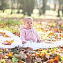 autumn_leaves, baby, blanket, child, curious, cute, daylight, expression, fall, forest, grass, nature, outdoor, pink_jacket, portrait, seasonal, sitting, soft_light, tree, young_child