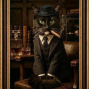 Oreo is registered to the contest to win money with this photo: black_cat, books, cat, chain, cigar, decantor, feline, formal, green_eyes, hat, indoor, leather_chair, nameplate, pinstripe_suit, portrait, smoking, suit, vintage, whiskey, wood_paneling