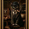 black_cat, books, cat, chain, cigar, decantor, feline, formal, green_eyes, hat, indoor, leather_chair, nameplate, pinstripe_suit, portrait, smoking, suit, vintage, whiskey, wood_paneling