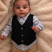 Idriss participe au concours pour gagner de l'argent avec cette photo : baby, infant, child, vest, shirt, pants, blanket, soft_texture, portrait, cute, lying_down, indoors, fashion, clothing, face, eyes, hand, skin, comfortable, adorable