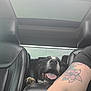 dog, car, leather_seat, center_console, tattoo, arm, sunroof, tongue_out, pet, vehicle_interior, black_and_white_dog, happy, paw, seat_headrest, daylight, road_trip, animal, companion, travel, inside_car