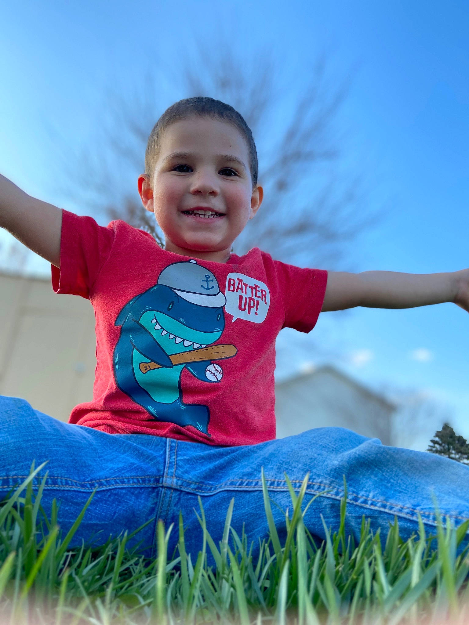 Peyton joined the competition — help win amazing prizes! azure, baby_toddler_clothing, clothing, eye, flash_photography, fun, grass, grassland, happy, jeans, joy, leisure, meadow, people_in_nature, person, plant, playing_with_kids, recreation, sky, smile