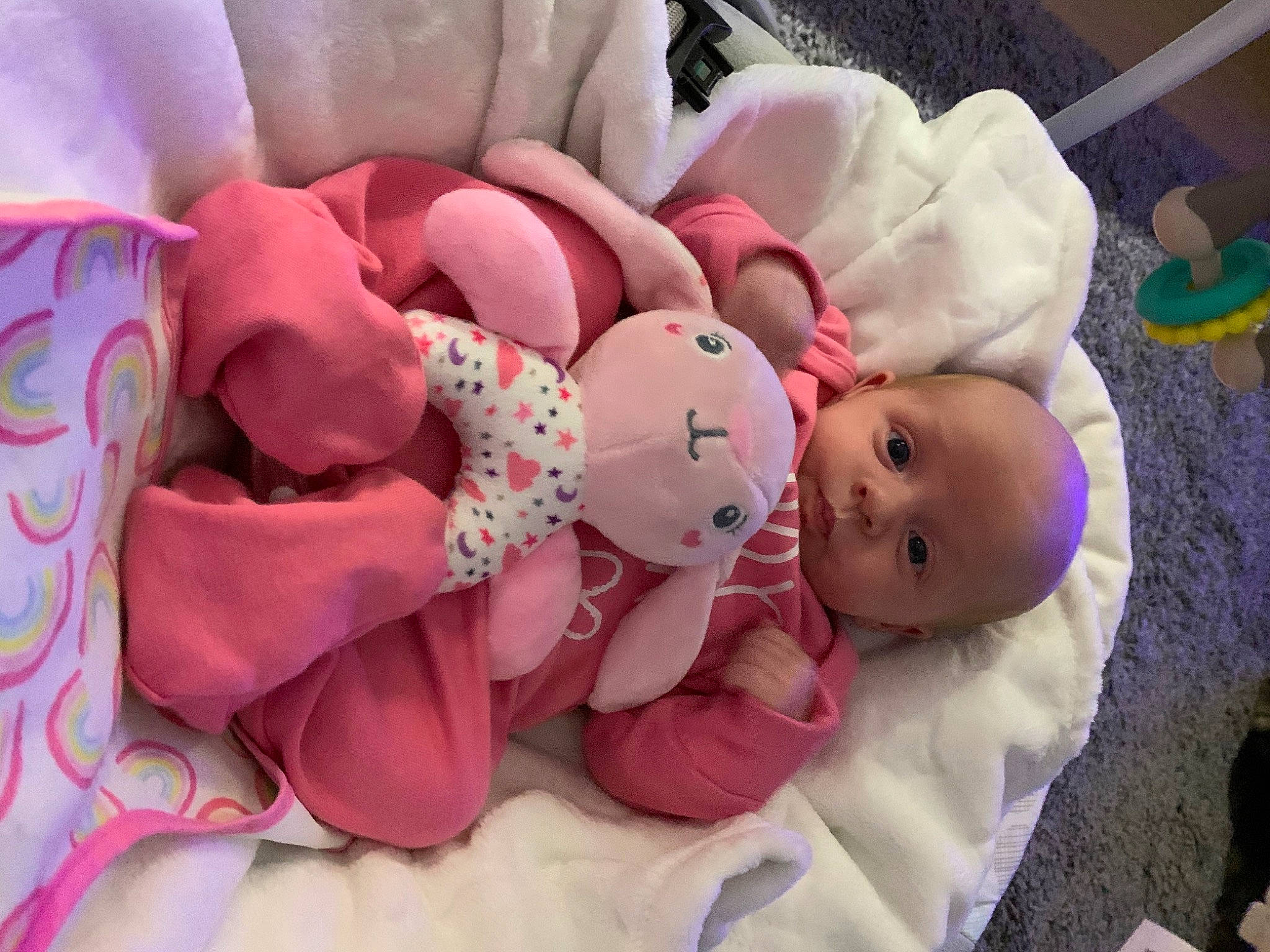 Kaylyn is registered to the contest to win money with this photo: baby, baby_products, baby_sleeping, baby_toddler_clothing, baby_toys, bedtime, carmine, cheek, child, comfort, event, eye, linens, pattern, person, pink, plush, skin, stuffed_toy, toddler
