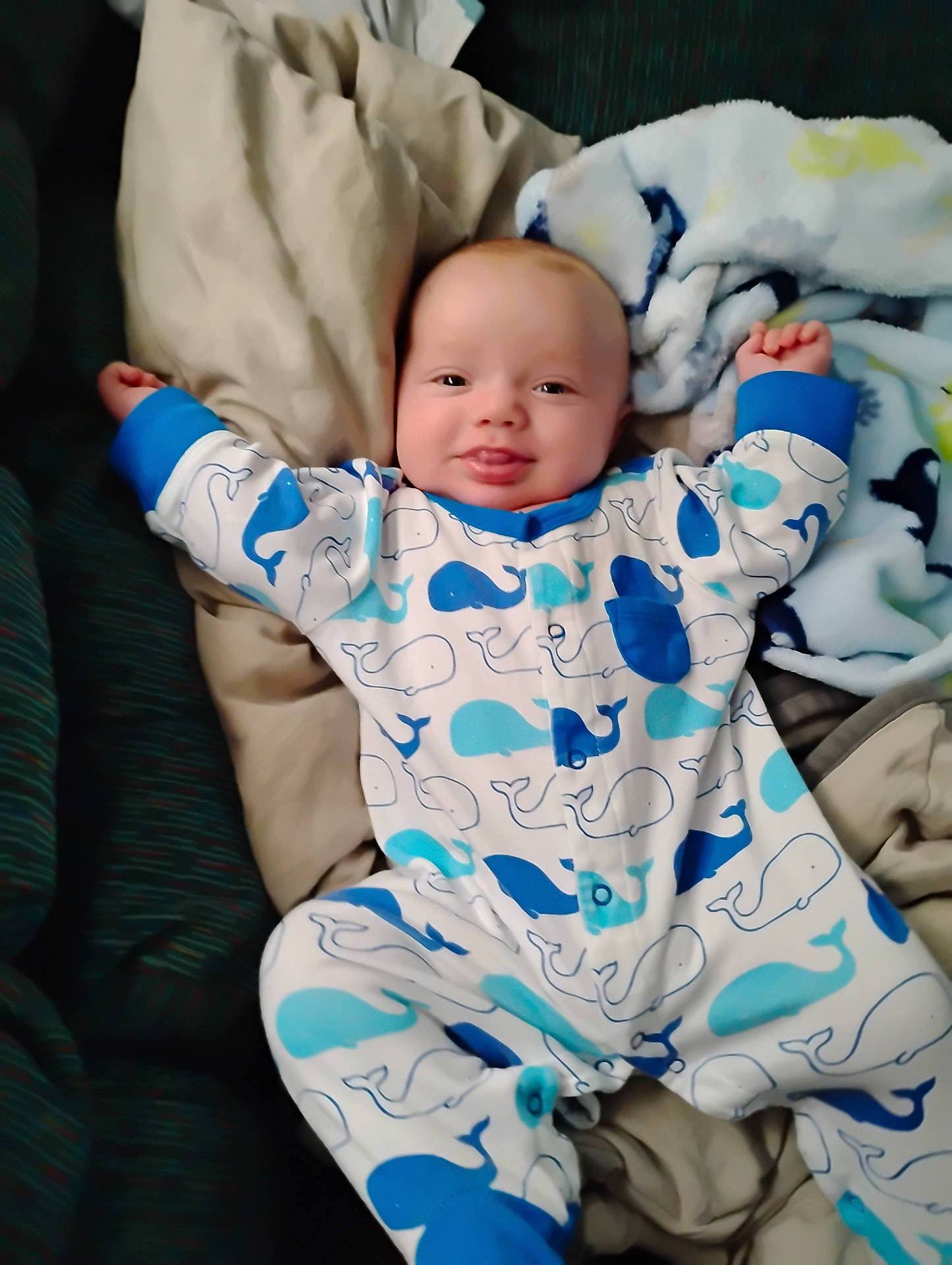 baby, blanket, child, clothing, comfort, cozy, cute, expression, face, happy, indoors, infant, lying_down, onesie, pajamas, person, smile, soft, tongue, whale_pattern