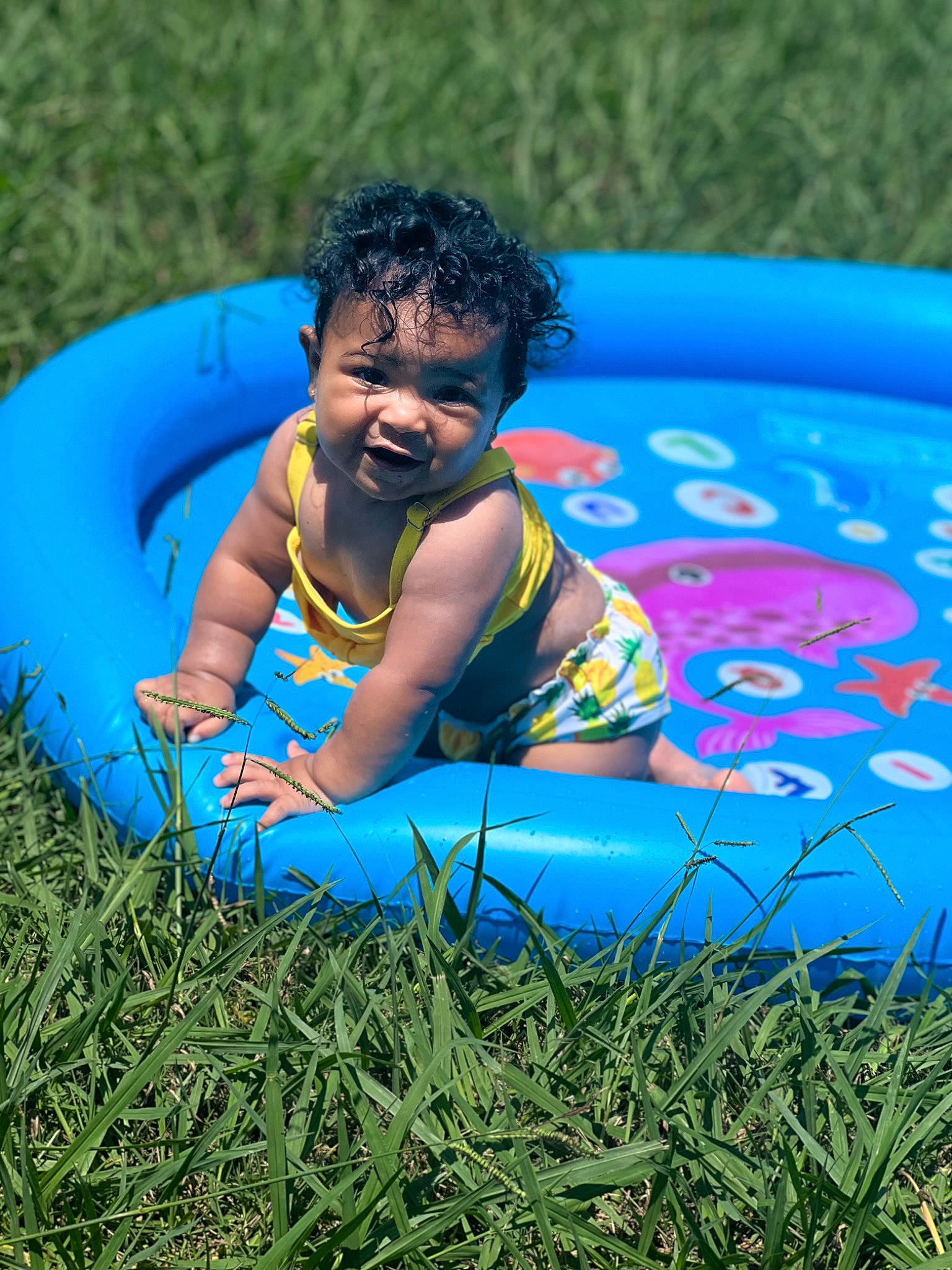 Indie is registered to the contest to win money with this photo: blue, child, electric_blue, fun, games, grass, happy, inflatable, leisure, nonbuilding_structure, outdoor_recreation, people_in_nature, person, plant, play, recreation, smile, toddler, tubing, vertebrate