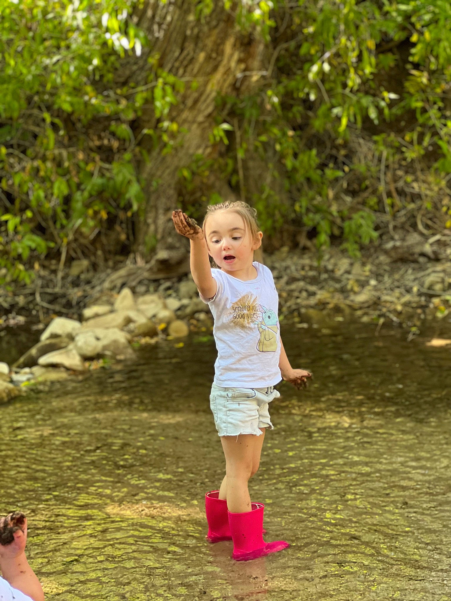 Scarlett is registered to the contest to win money with this photo: bank, child, forest, fun, garden, grass, happy, jungle, landscape, leaf, leisure, people_in_nature, person, plant, play, recreation, shorts, surprise, t_shirt, toddler