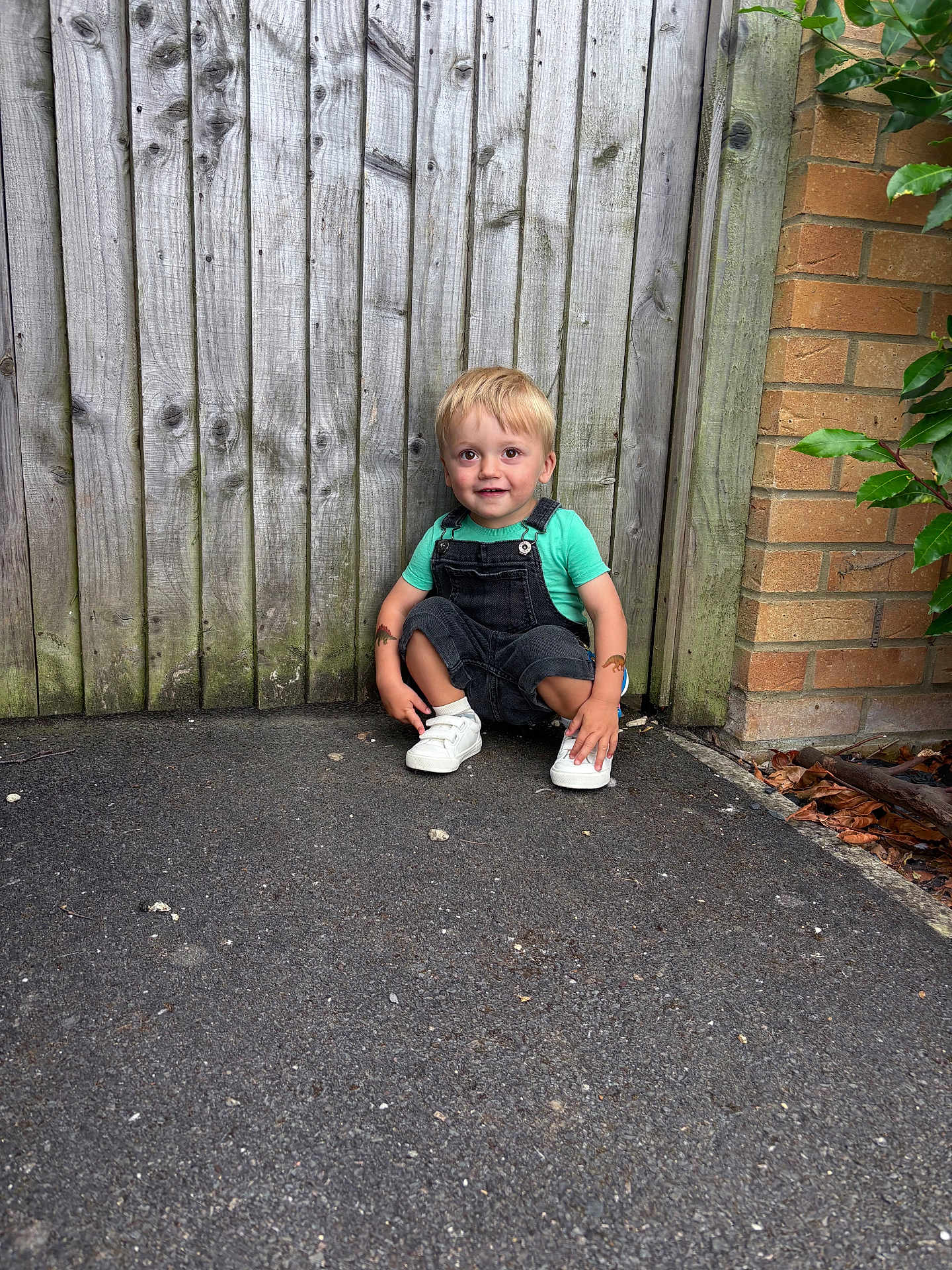 Jackson joined the competition — help win amazing prizes! child, blonde_hair, green_shirt, overalls, white_shoes, squatting, wooden_fence, brick_wall, outdoor, pavement, green_leaves, happy, smiling, tattoos, casual_clothing, daylight, curious, young_child, nature, playful
