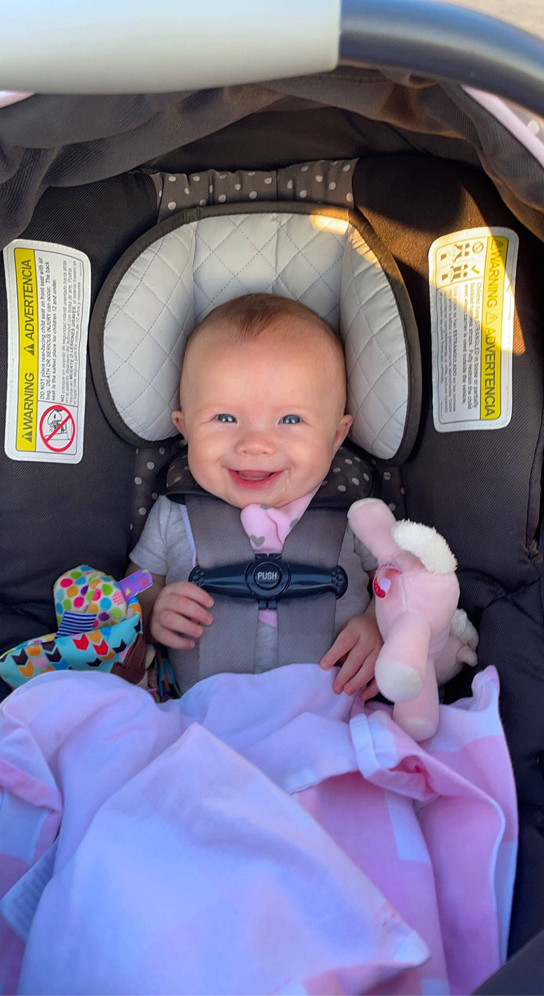 Sophia joined the competition — help win amazing prizes! baby, baby_carriage, baby_in_car_seat, baby_toddler_clothing, beauty, car_seat, child, comfort, finger, fun, happy, human, joy, motor_vehicle, people, person, pink, product, skin, smile
