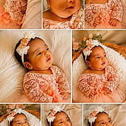 Keilany is registered to the contest to win money with this photo: baby, infant, child, girl, flower_headband, peach_dress, lace, soft_blanket, cushion, basket, portrait, collage, cute, sleepy, resting, indoors, warm_lighting, cozy, newborn, adorable