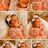 baby, infant, child, girl, flower_headband, peach_dress, lace, soft_blanket, cushion, basket, portrait, collage, cute, sleepy, resting, indoors, warm_lighting, cozy, newborn, adorable