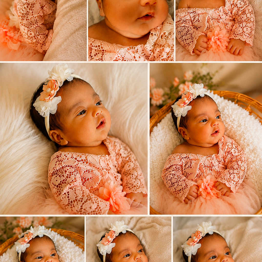 Keilany is registered to the contest to win money with this photo: baby, infant, child, girl, flower_headband, peach_dress, lace, soft_blanket, cushion, basket, portrait, collage, cute, sleepy, resting, indoors, warm_lighting, cozy, newborn, adorable