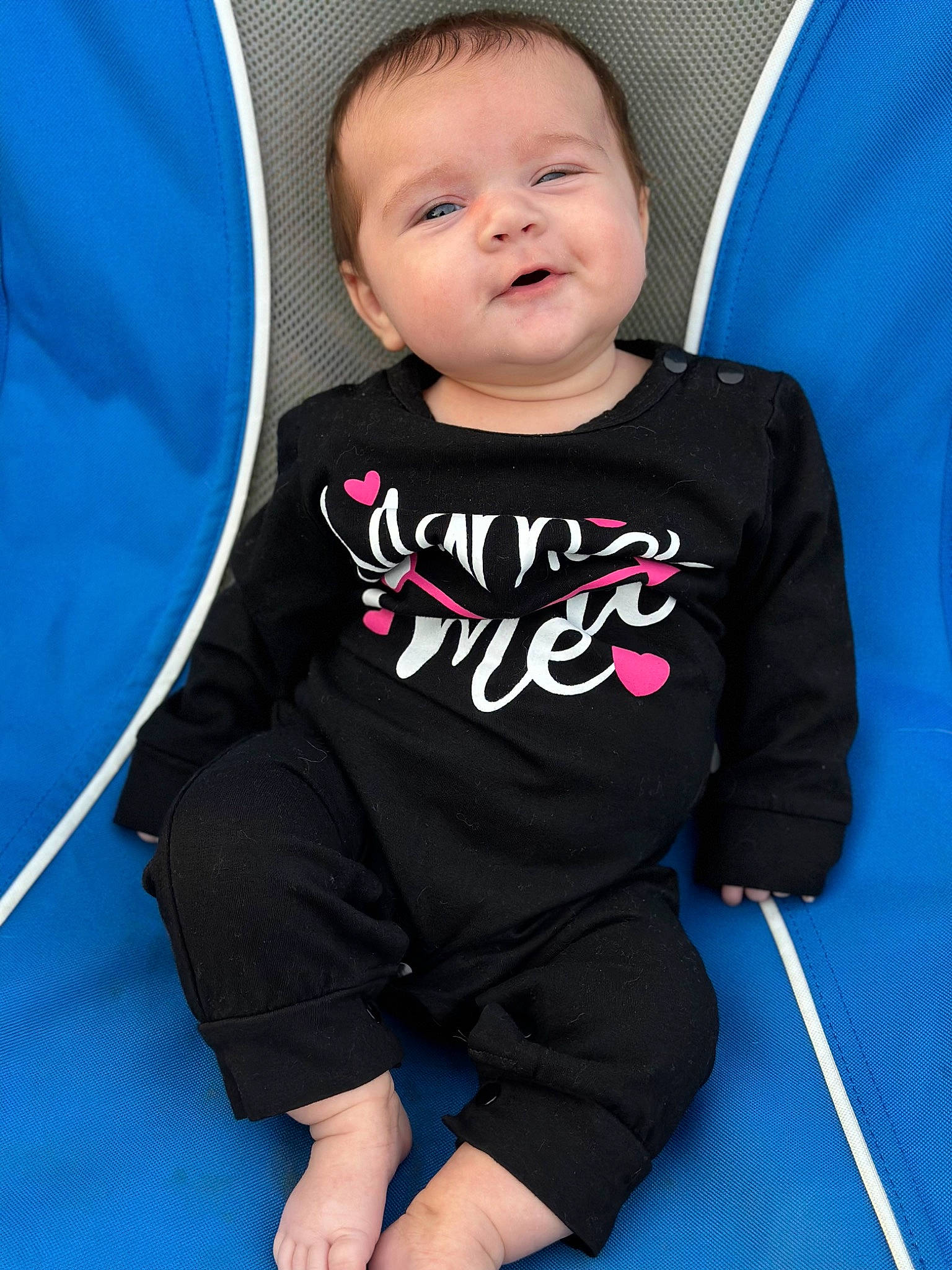 Scarlette joined the competition — help win amazing prizes! arm, baby, baby_toddler_clothing, blue, comfort, electric_blue, facial_expression, finger, fun, happy, head, human, knee, leg, person, sleeve, smile, t_shirt, textile, thigh