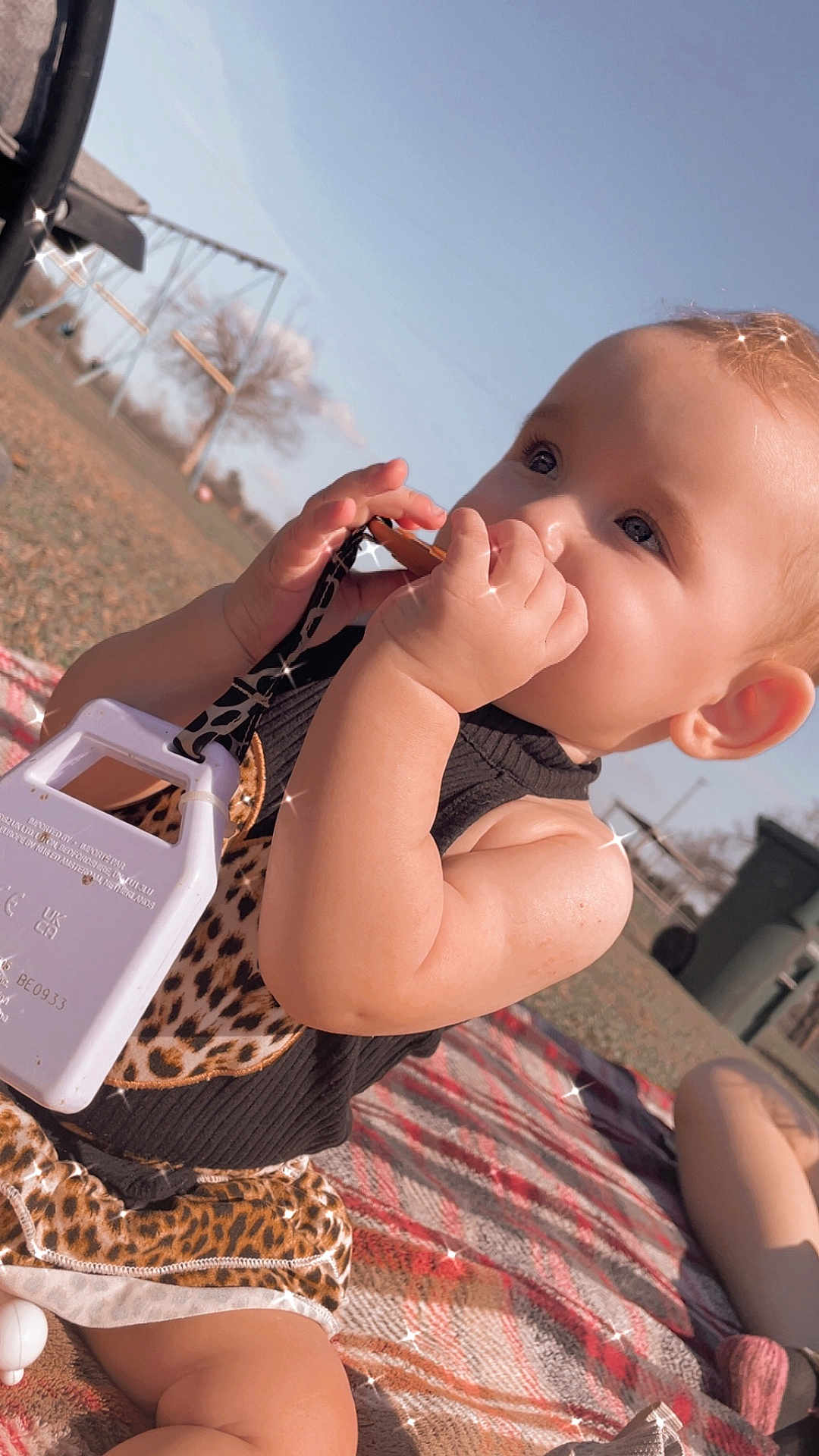 Bellamy is registered to the contest to win money with this photo: baby, child, outdoor, sunlight, toy, plaid_blanket, sitting, leopard_print, clothing, face, hand, grass, playground, swing, sky, person, cute, infant, chewing, summer