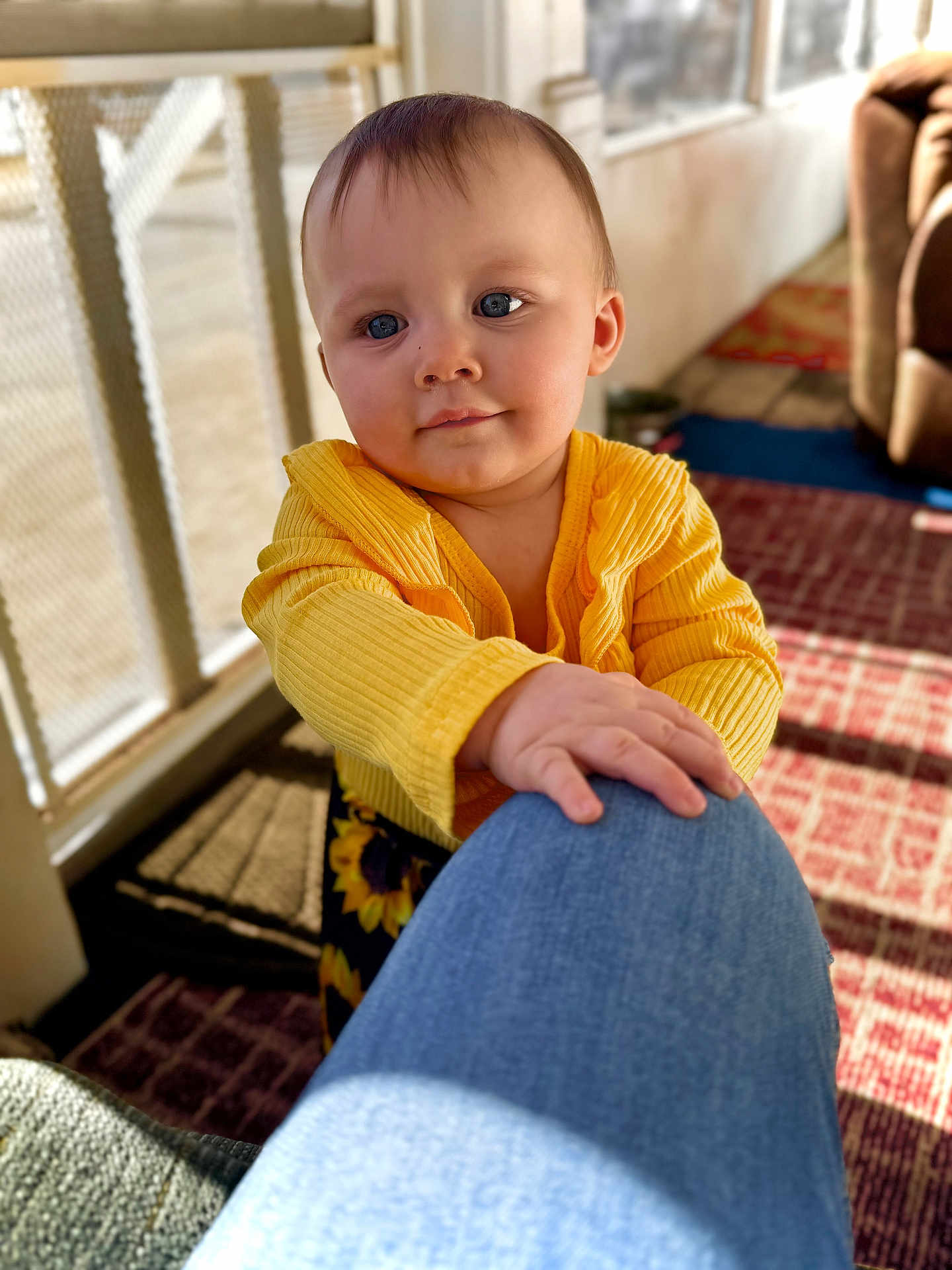 Waverley joined the competition — help win amazing prizes! baby, child, yellow_clothing, indoor, hand, face, curious, blue_jeans, sunlight, carpet, window, home, portrait, infant, person, floor, couch, warm_light, casual, touch