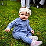 baby, child, infant, grass, outdoor, blue_outfit, headband, bow, sitting, curious, cute, shoes, pink_shoes, green_grass, person, portrait, young_child, nature, daylight, casual_clothing