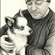 Aïka participe au concours pour gagner de l'argent avec cette photo : animal, artistic, beanie, black_and_white, blue_eyes, cozy, cute, dog, drawing, expression, friendly, hand, man, pet, portrait, puppy, sketch, smile, table, warm