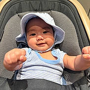 Andres is registered to the contest to win money with this photo: baby, child, hat, onesie, smiling, fists, stroller, cushion, infant, portrait, happy, cute, indoor, clothing, headwear, person, seat, babywear, babyhat, expression