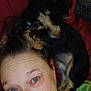 Lucy is registered to the contest to win money with this photo: person, dog, face, closeup, green_clothing, black_and_tan_dog, lying_down, indoor, pet, snuggling, head, fur, collar, red_background, casual, portrait, relaxed, intimate, cozy, companion