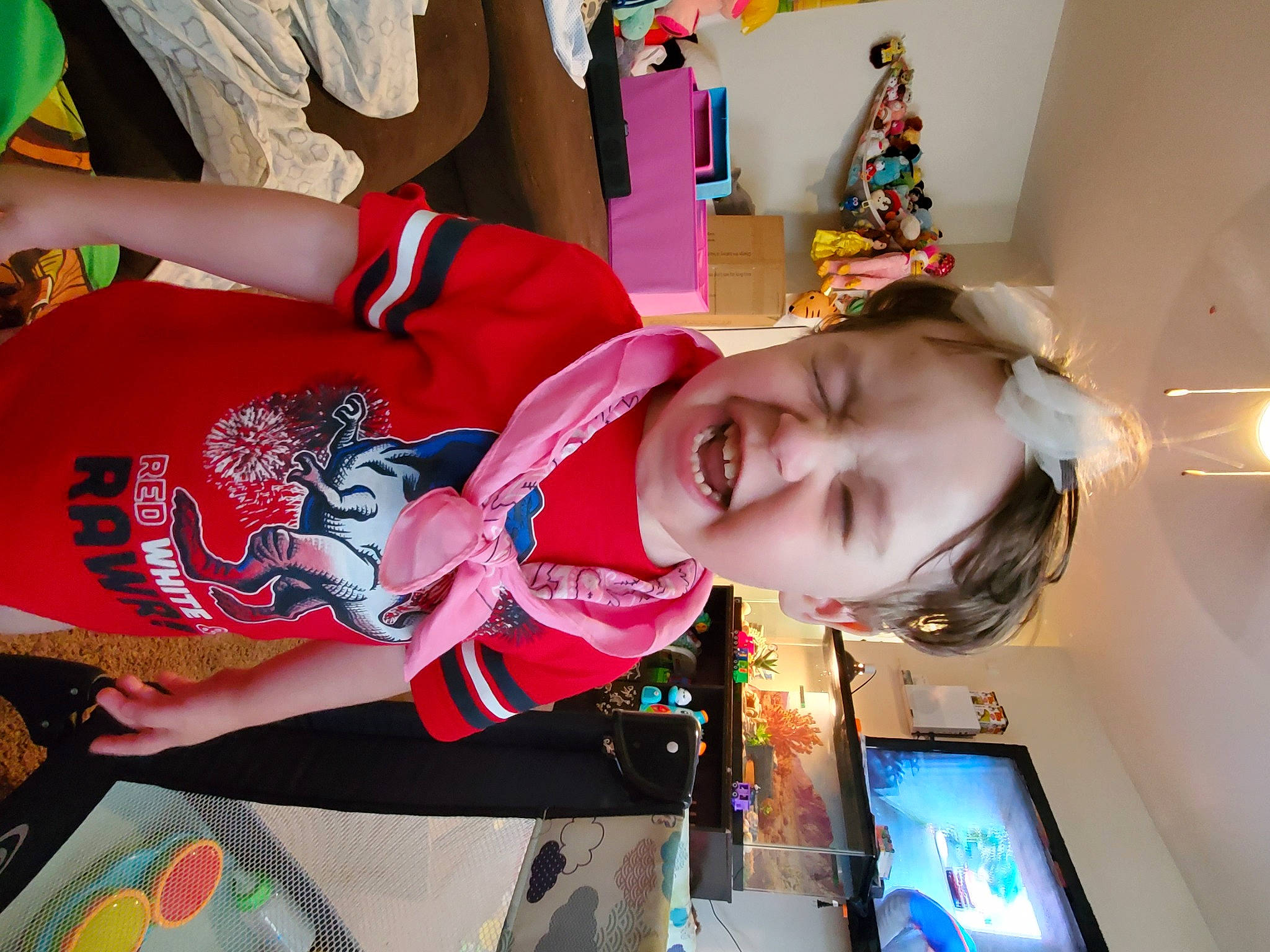 Wayne joined the competition — help win amazing prizes! baby, child, design, display_device, event, fun, green, happy, house, laugh, leisure, magenta, pattern, person, room, sleeve, smile, t_shirt, television, textile