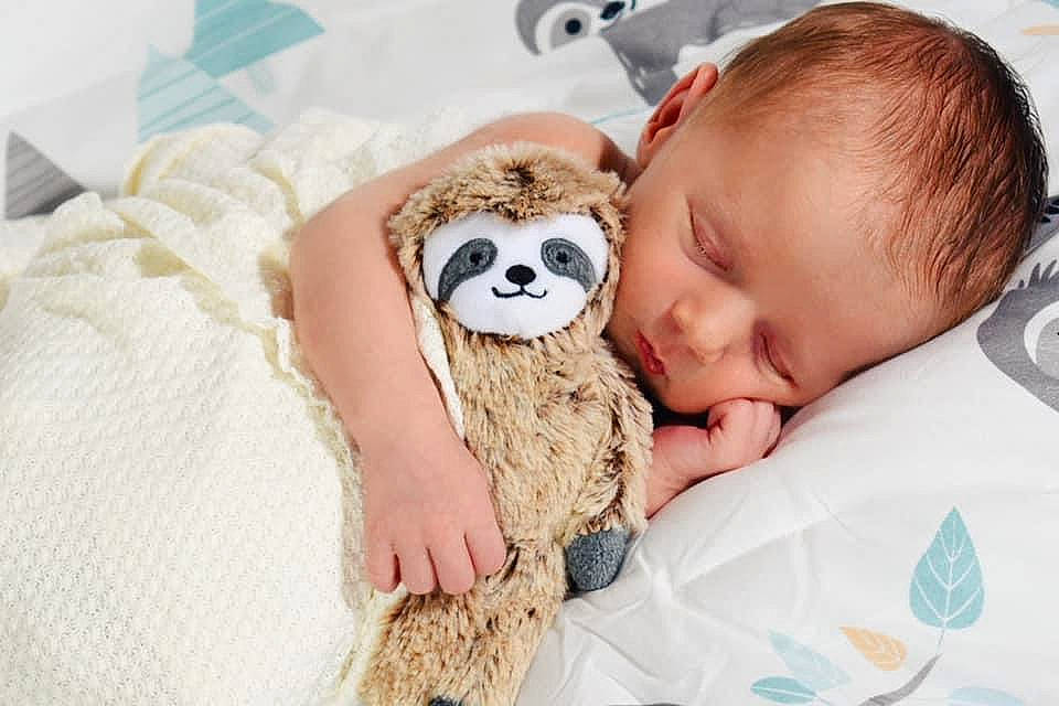 Asher joined the competition — help win amazing prizes! baby, baby_sleeping, baby_toddler_clothing, bedding, bedtime, child, comfort, companion_dog, fawn, finger, fur, happy, interaction, linens, pattern, person, room, sitting, skin, toddler