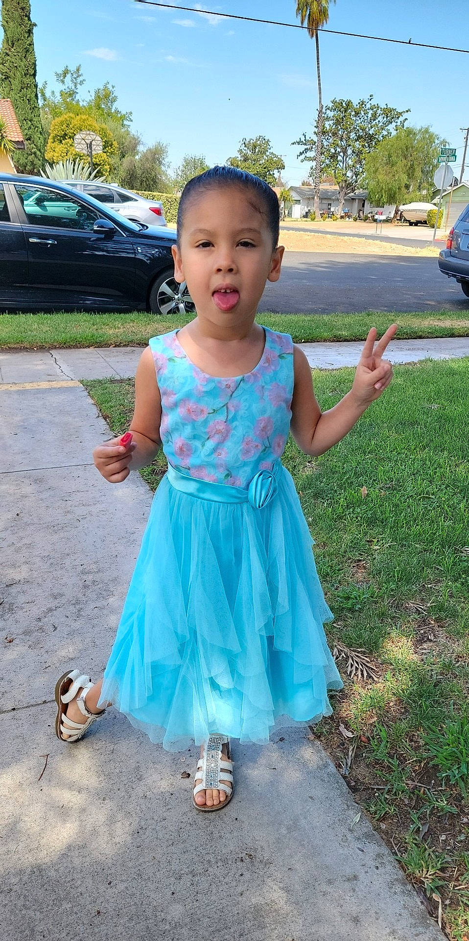 Allison is registered to the contest to win money with this photo: asphalt, baby_toddler_clothing, car, dress, fun, grass, hand, happy, leisure, morning, person, pink, plant, public_space, sky, summer, tire, toddler, tree, vehicle