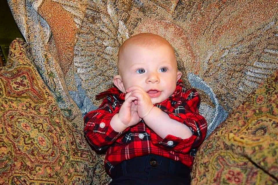Russell joined the competition — help win amazing prizes! baby, cheek, child, design, pattern, person, plaid, portrait, tartan, textile, toddler
