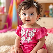 Manna is registered to the contest to win money with this photo: baby, infant, child, cute, smiling, portrait, indoors, pink_outfit, floral_embroidery, hair_clip, big_eyes, sitting, plush_rug, nursery_background, colorful_curtains, white_shoes, chubby_cheeks, soft_lighting, curly_hair, adorable