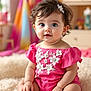 baby, infant, child, cute, smiling, portrait, indoors, pink_outfit, floral_embroidery, hair_clip, big_eyes, sitting, plush_rug, nursery_background, colorful_curtains, white_shoes, chubby_cheeks, soft_lighting, curly_hair, adorable