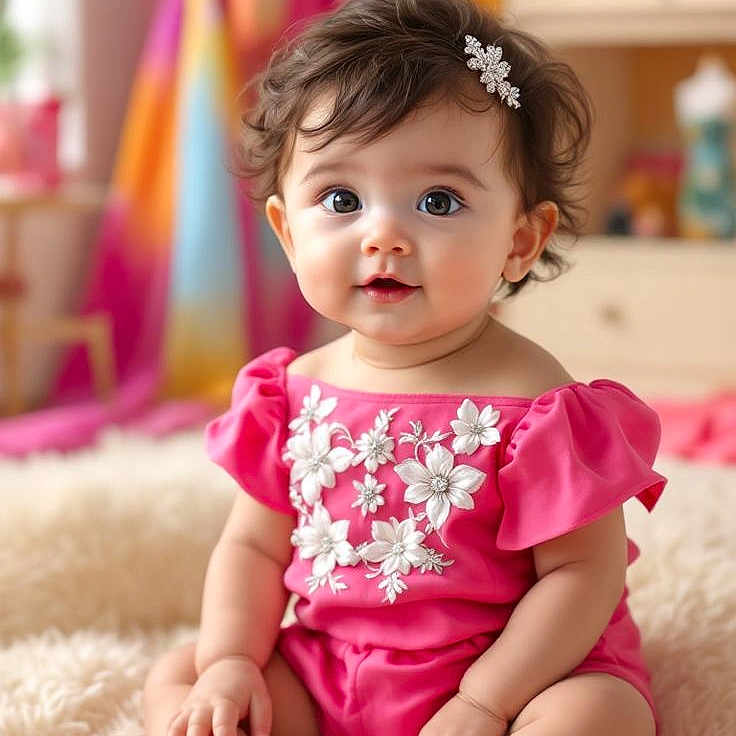 Manna is registered to the contest to win money with this photo: adorable, baby, big_eyes, child, chubby_cheeks, colorful_curtains, curly_hair, cute, floral_embroidery, hair_clip, indoors, infant, nursery_background, pink_outfit, plush_rug, portrait, sitting, smiling, soft_lighting, white_shoes