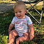 baby, child, grass, outdoor, onesie, cute, smiling, blue_eyes, sunlight, shadow, folding_chair, happy, nature, skin, sitting, infant, daylight, cheeks, barefoot, playful